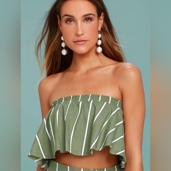 Faithfull The Brand Suns Out Olive Green Striped Raw Hem Off Shoulder Tube Top 8 - Picture 1 of 11